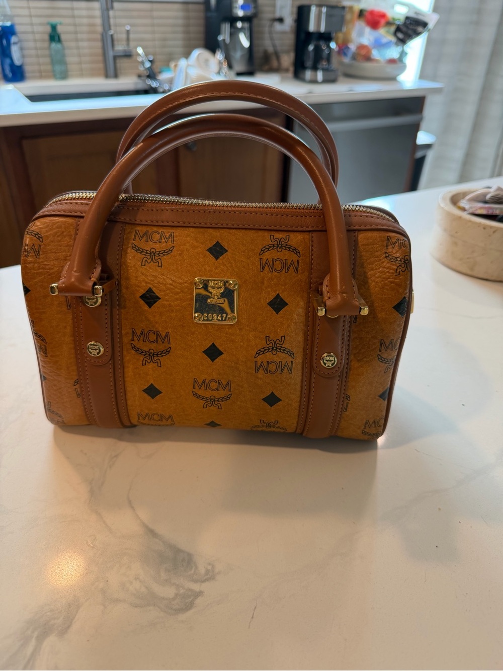MCM Cognac Visetos Mini Boston Satchel with Gold Plaque